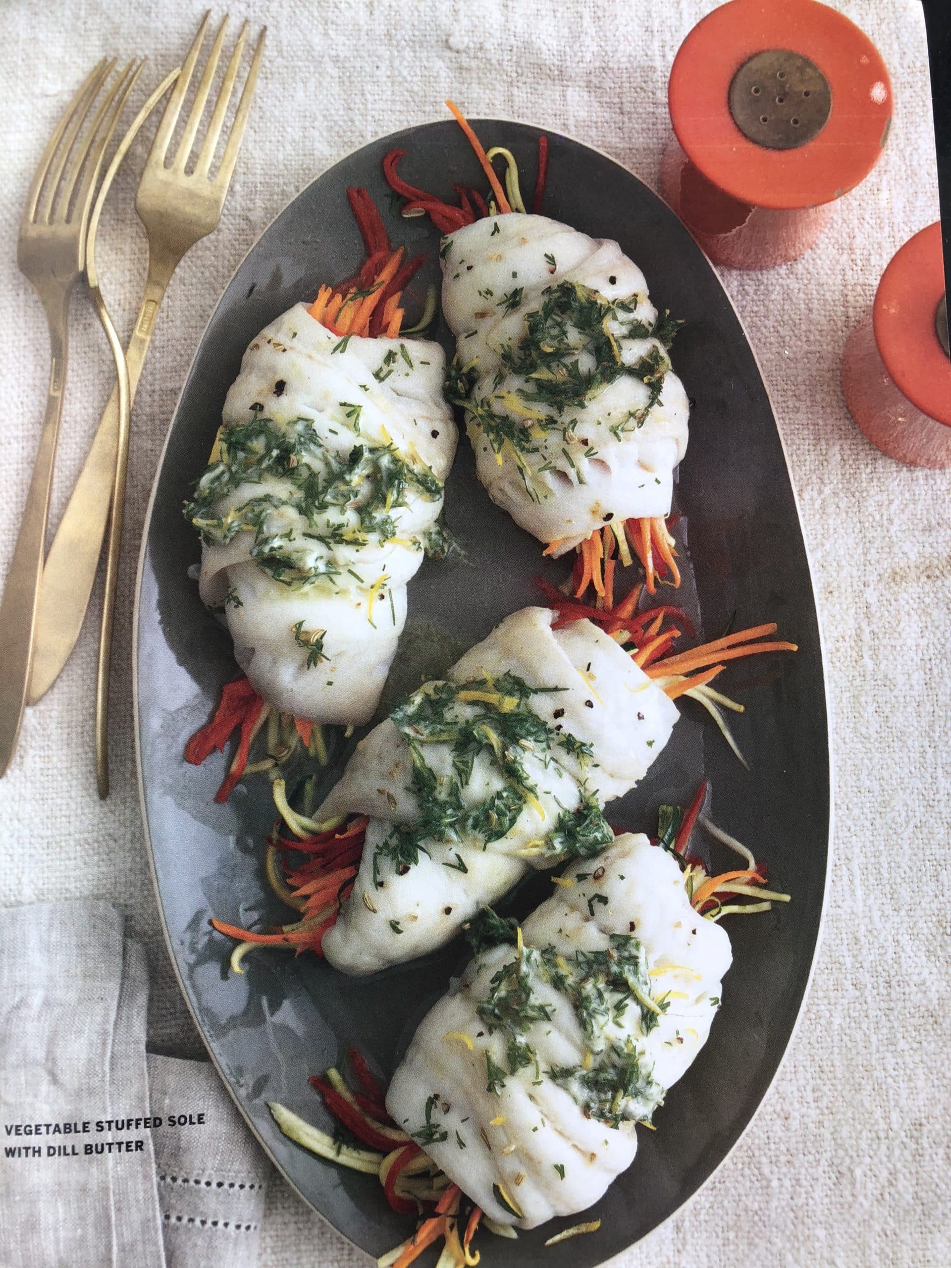 Vegetable Stuffed Sole with Dill Butter