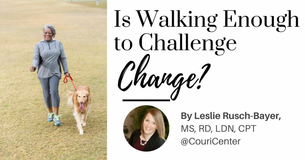 blog image Is Walking Enough to Challenge Change woman walking dog outside