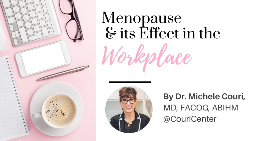 Menopause and its Effect in the Workplace image of a computer, coffee, phone; depicting woman working.