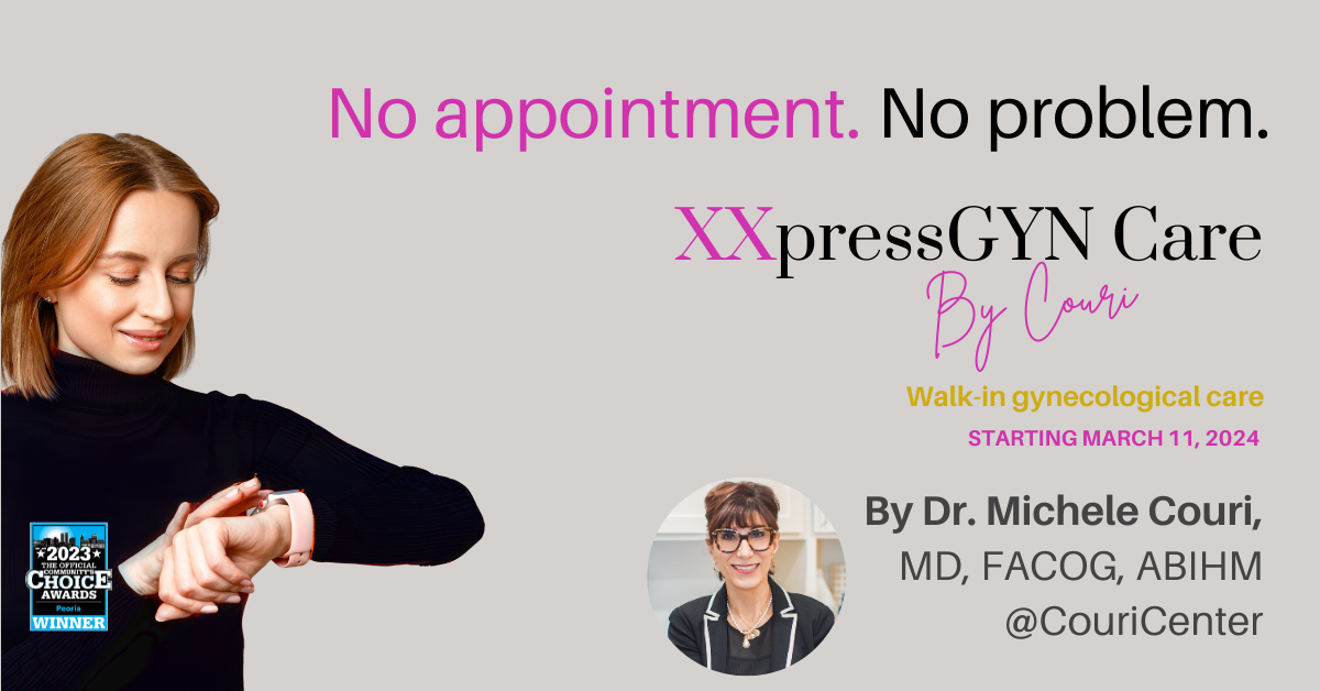 NEW XXpressGYN CARE By Dr. Couri woman in black sweater looking at time on watch.